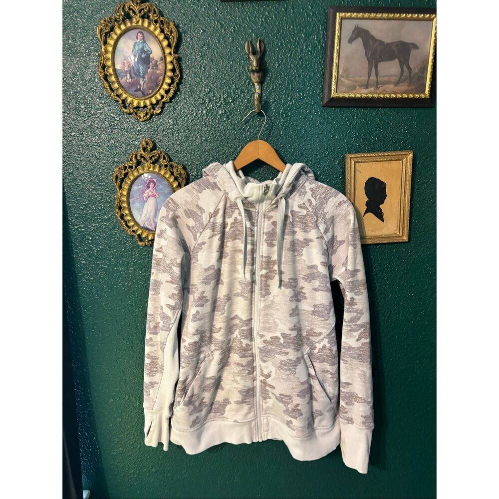 Athleta Womens Large Tall Triumph Hoodie Sweatshirt Full Zip Thumbholes White Ta
